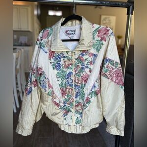 Active Stuff Vintage Floral Crinkle Nylon Windbreaker L 80s/90s Zip Jacket